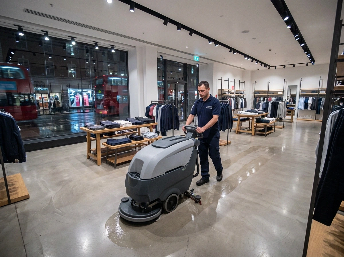 Commercial cleaners in London operating rotary floor scrubber on business facility floor
