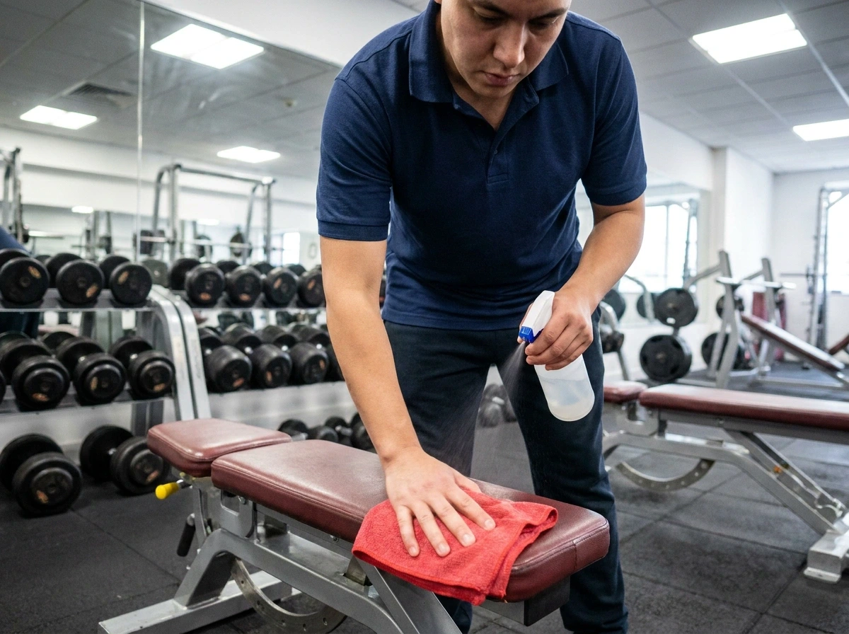 Fitness center cleaners in London sanitising workout machines and free weights