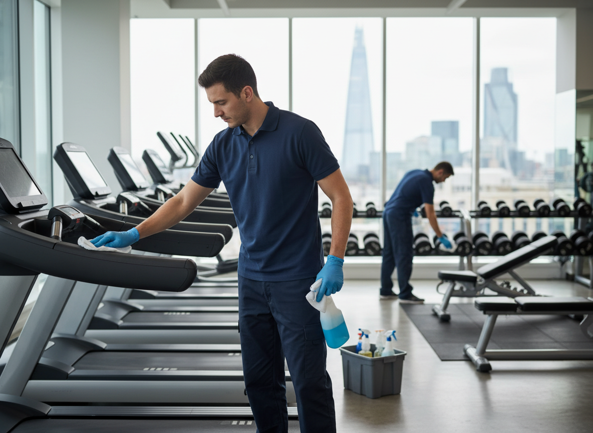 Gym cleaning in London with a cleaner disinfecting equipment and wiping high-touch surfaces