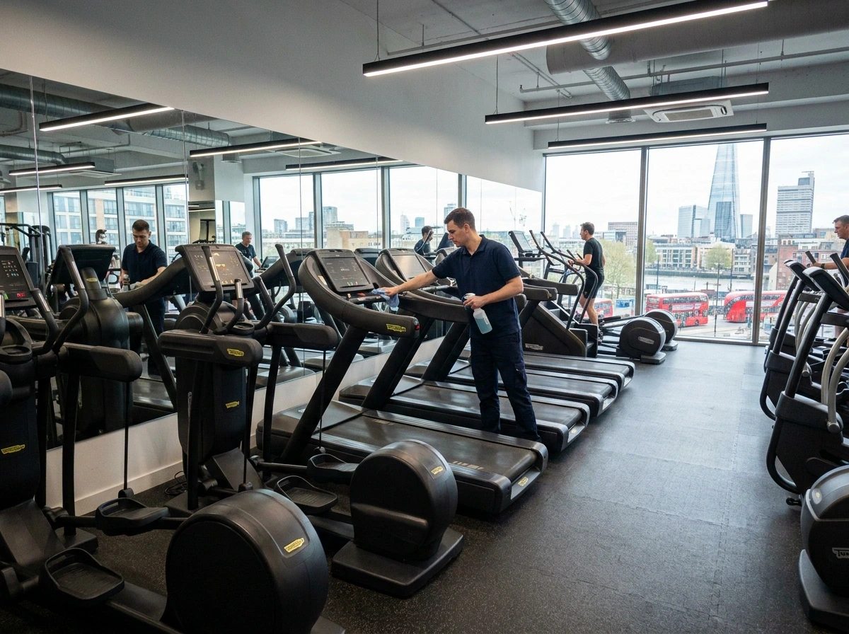 Gym cleaning services in London by professional fitness center cleaners sanitising cardio equipment