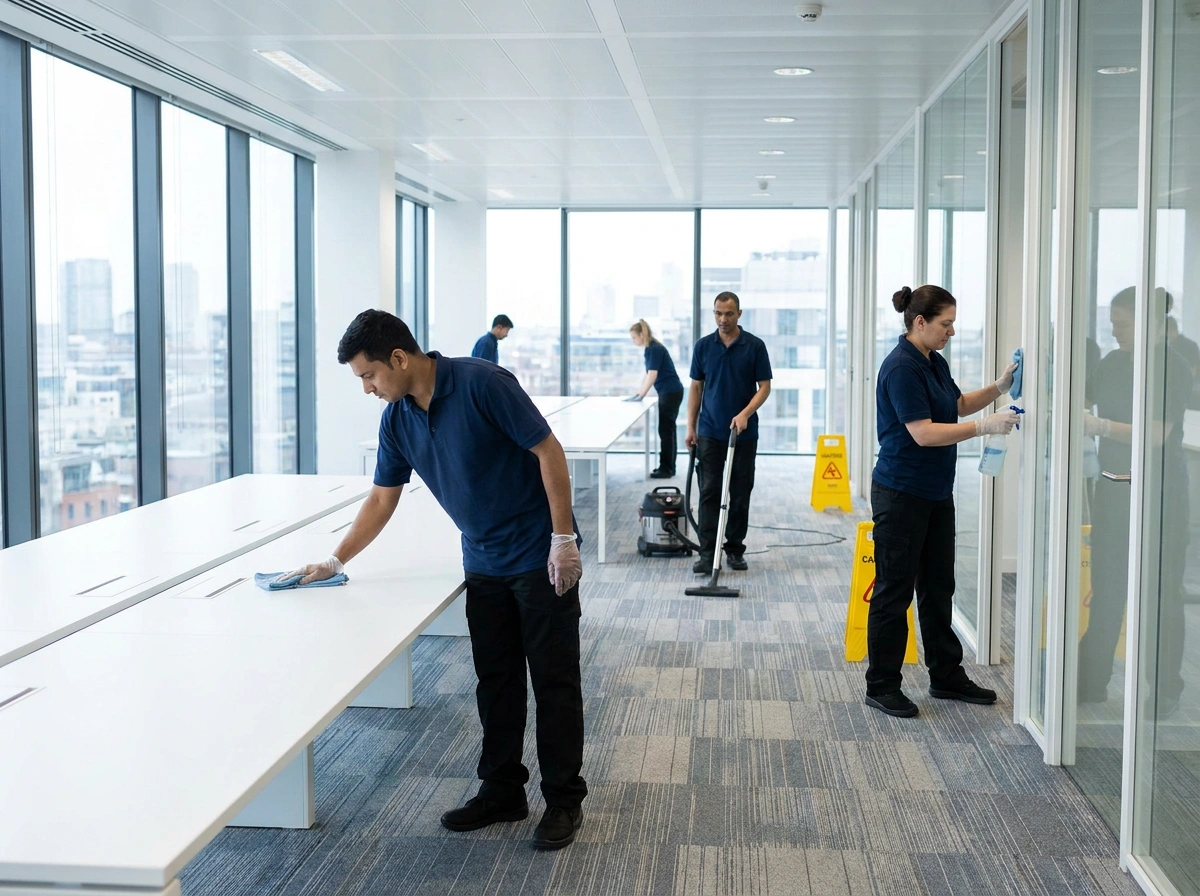Office cleaning checklist in London covering desks, kitchens, washrooms, and touchpoints