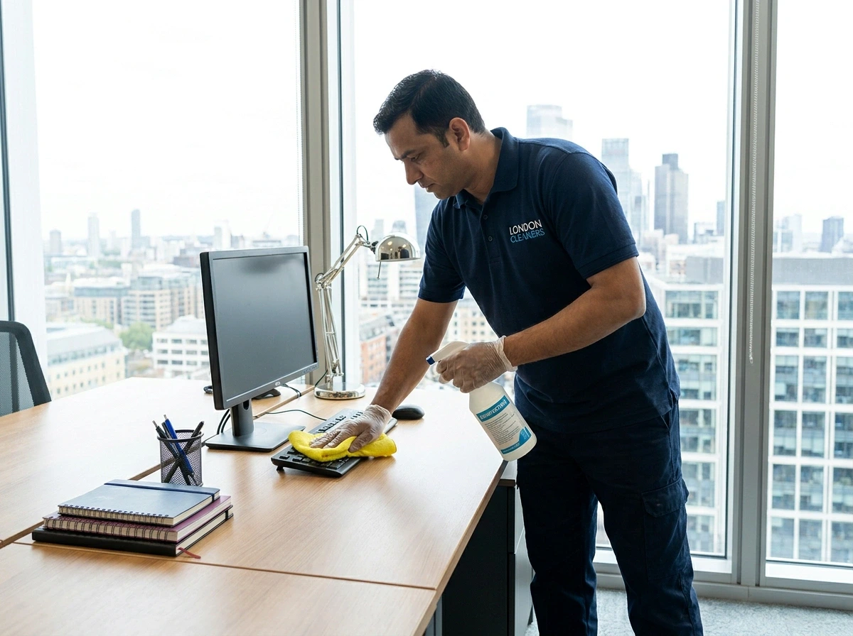 Commercial office cleaners in London wiping down workstation desks and screens