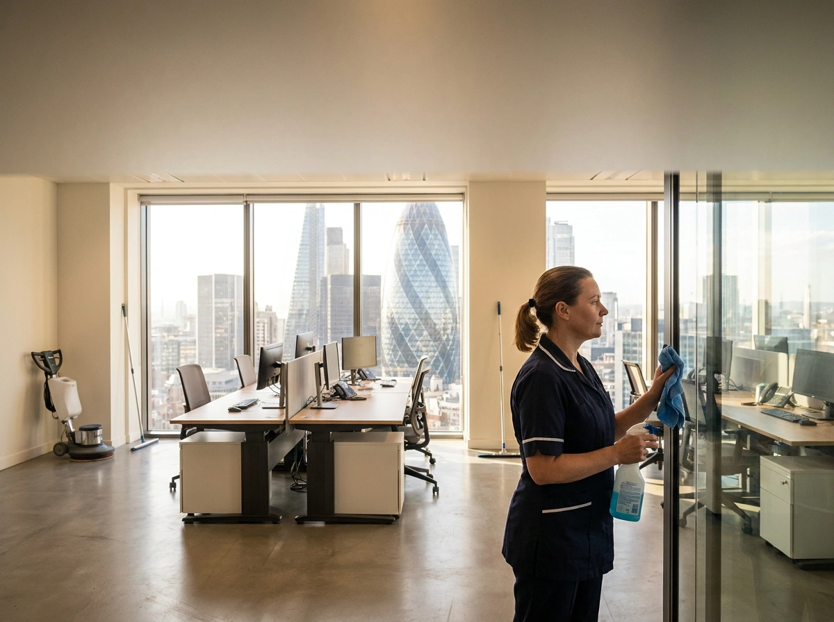 Commercial office space in London showing tidy desks, clean floors, and sanitised workplace environment