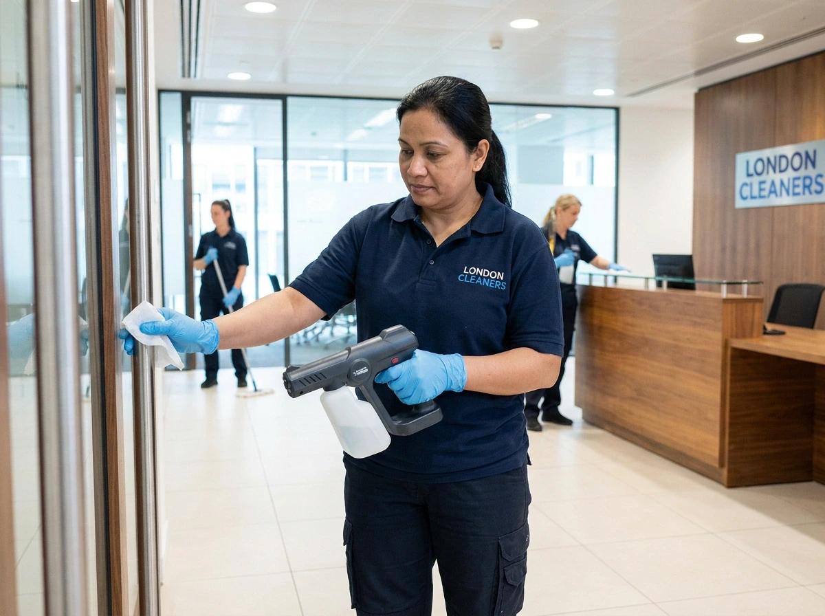 Office cleaning company in London sanitising communal office areas and breakrooms