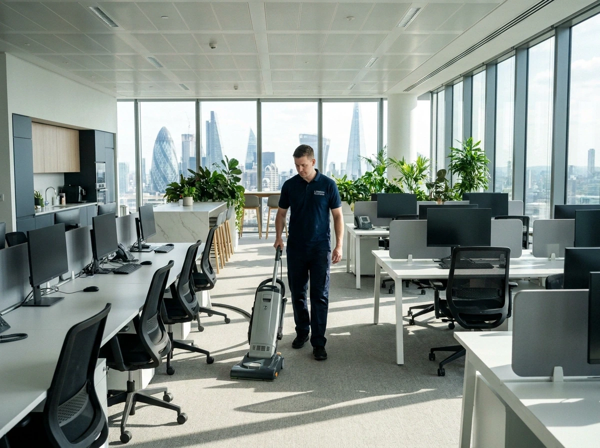 Office cleaning services in London by professional commercial office cleaners mopping open plan workspace