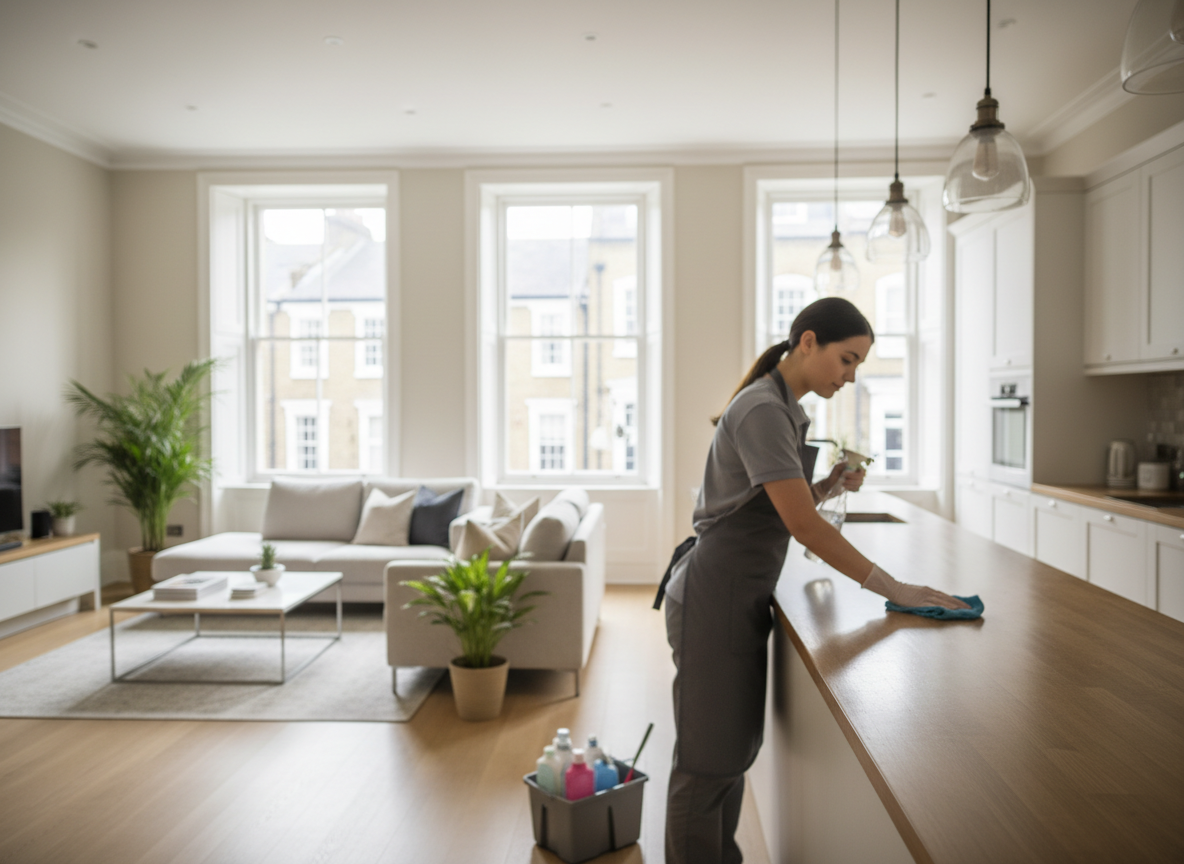 Cleaner wiping kitchen surfaces during a regular house clean in London
