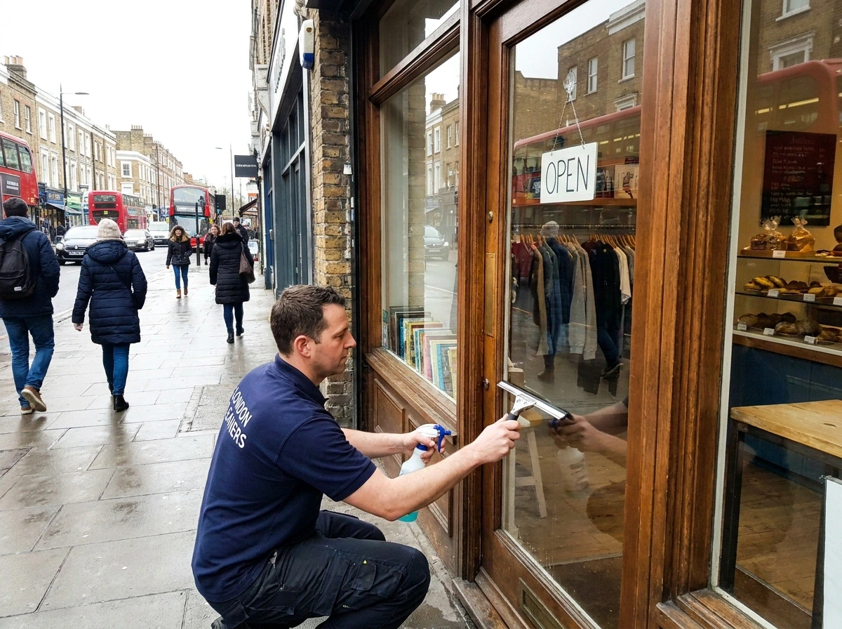 Retail cleaners in London polishing shop display window glass and entrance door