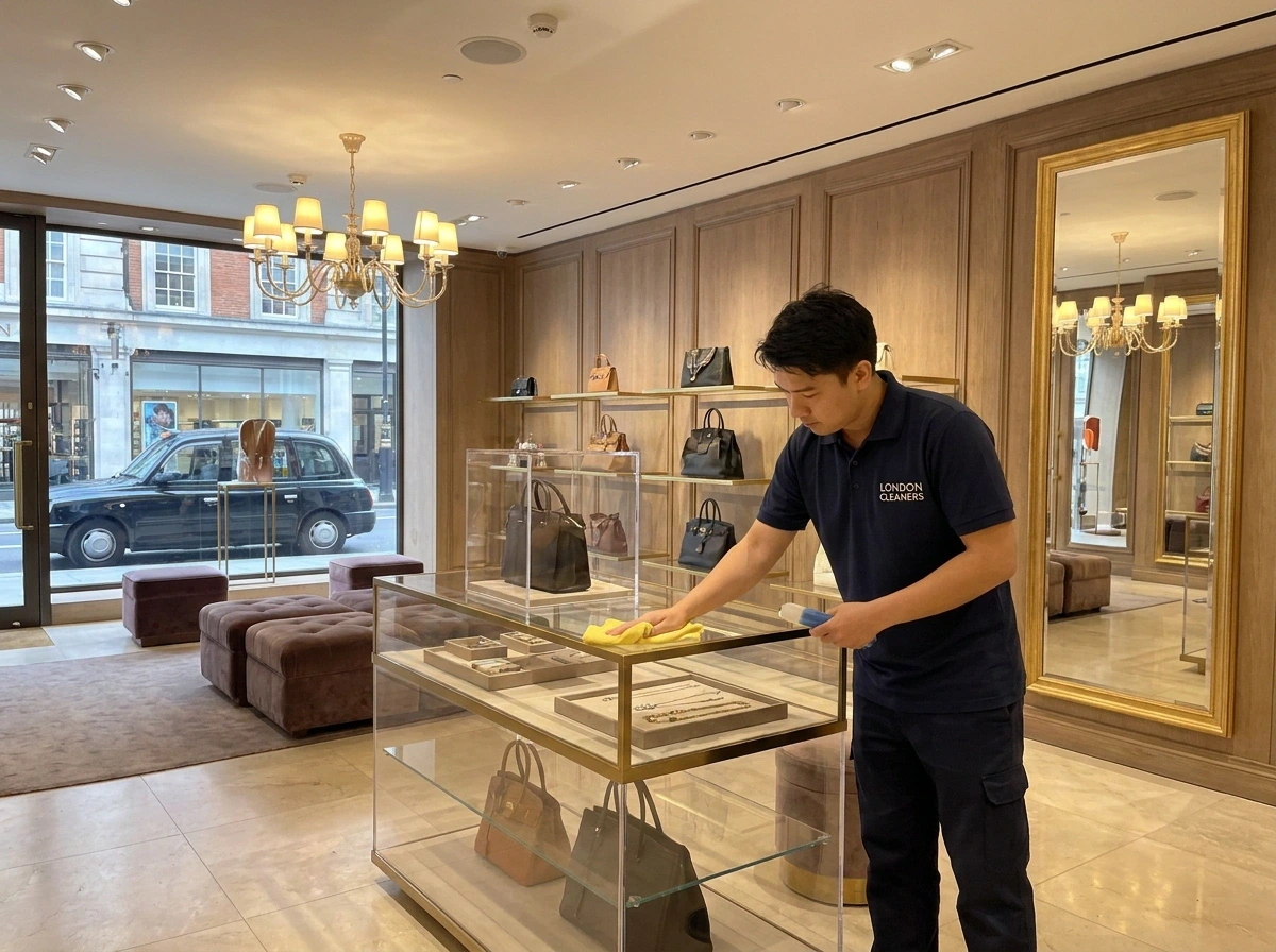 Retail cleaning company in London operating high speed floor buffer on store floor