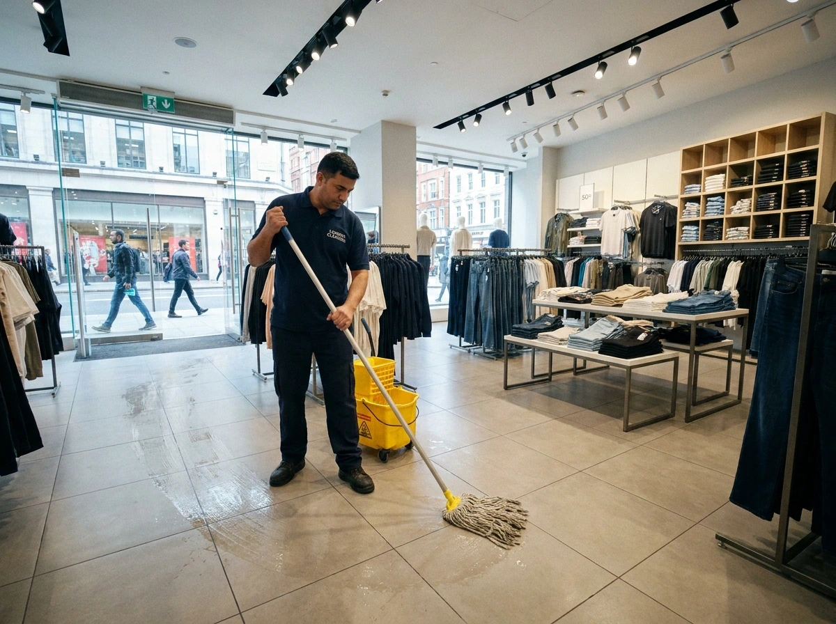 Retail cleaning services in London by professional shop cleaners polishing boutique store floor