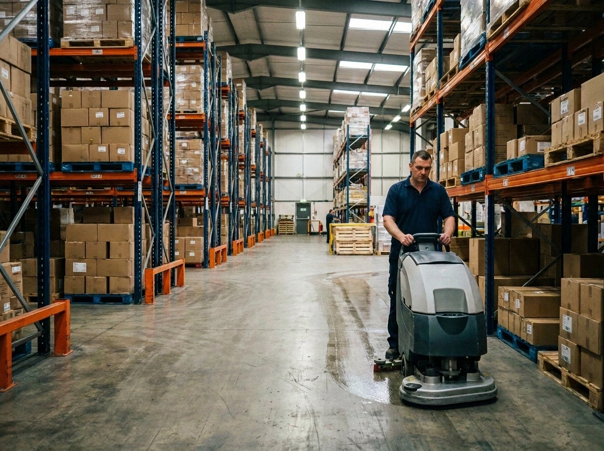 Industrial warehouse cleaners in London operating ride on concrete floor scrubber drier