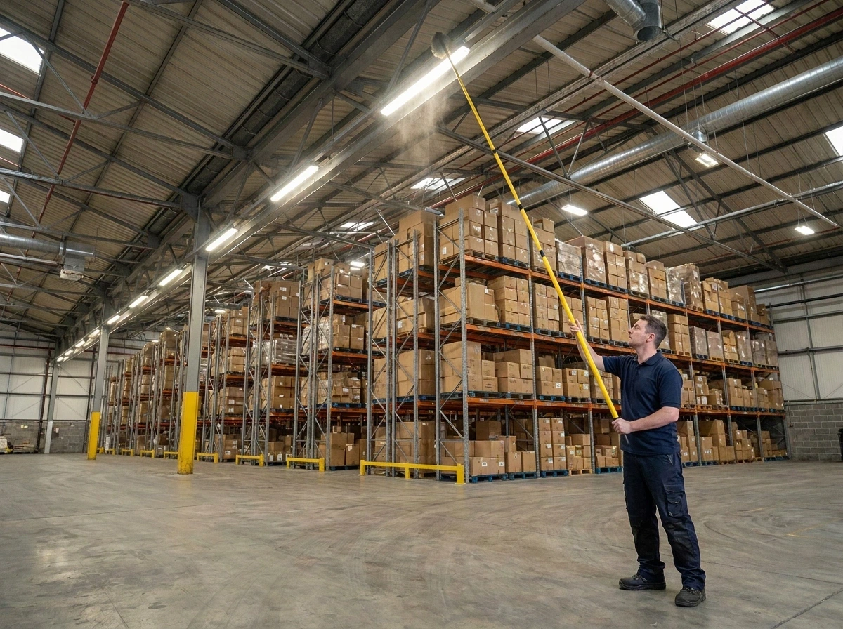 Warehouse cleaning company in London performing high level beam and roof duct dusting