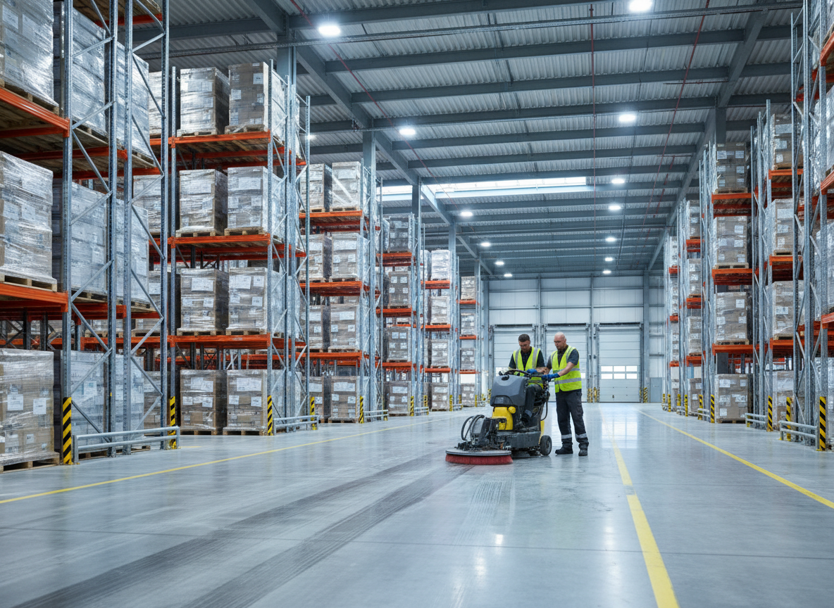 Warehouse cleaning in London with a cleaner maintaining floors, aisles, and work areas