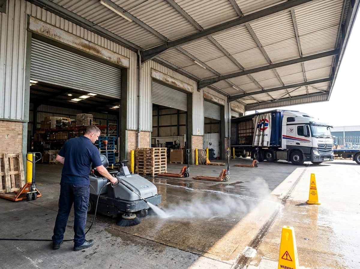 Warehouse cleaning services in London by professional industrial cleaners scrubbing concrete floor